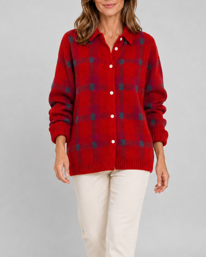 Women's Check Knit Cardigan with Button Front and Collar