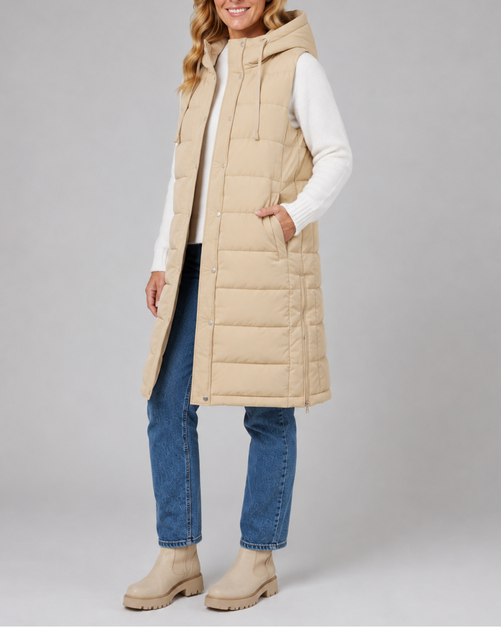 Women's Longline Hooded Quilted Puffer Gilet with High Collar