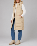 Women's Longline Hooded Quilted Puffer Gilet with High Collar