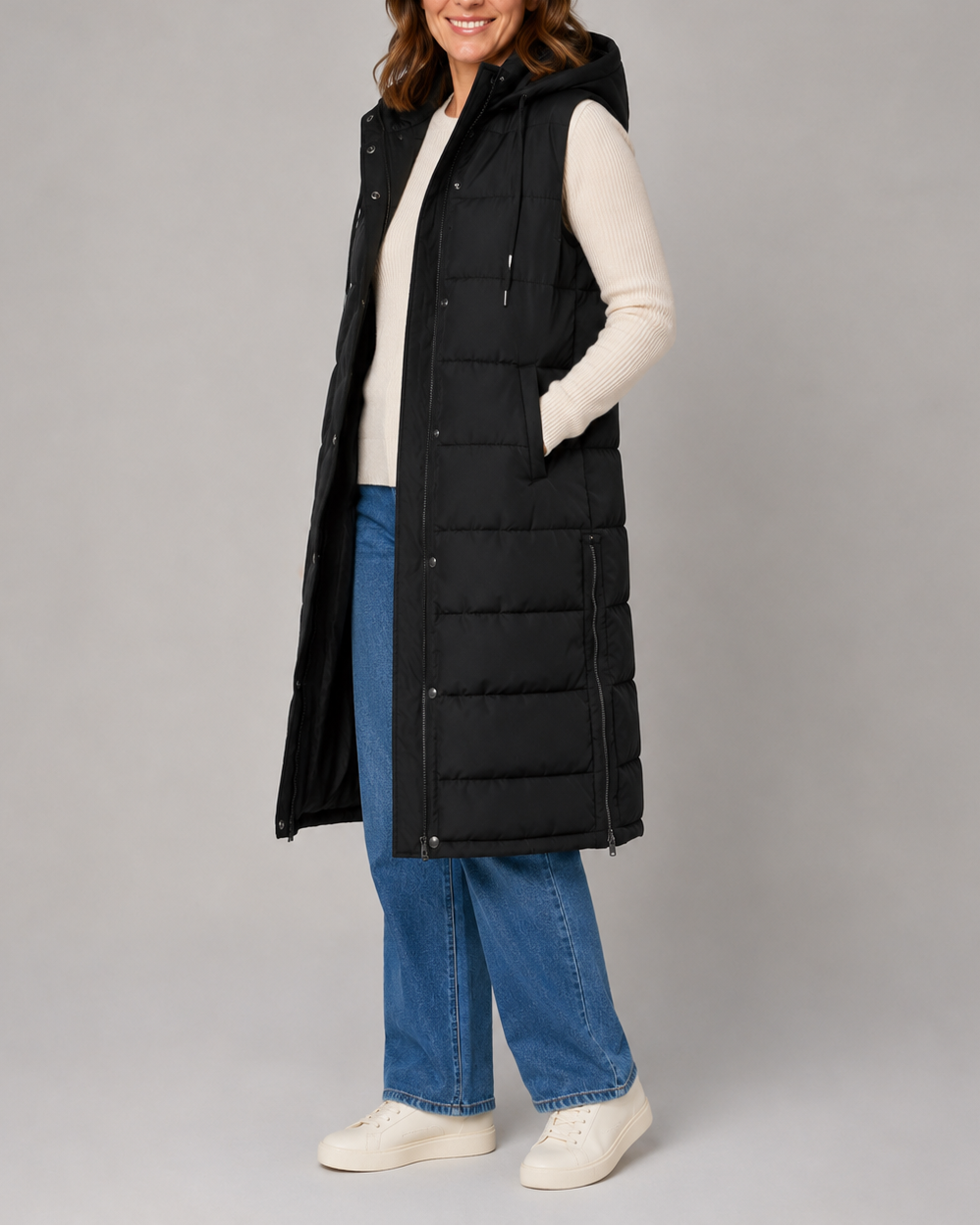 Women's Longline Hooded Quilted Puffer Gilet with High Collar