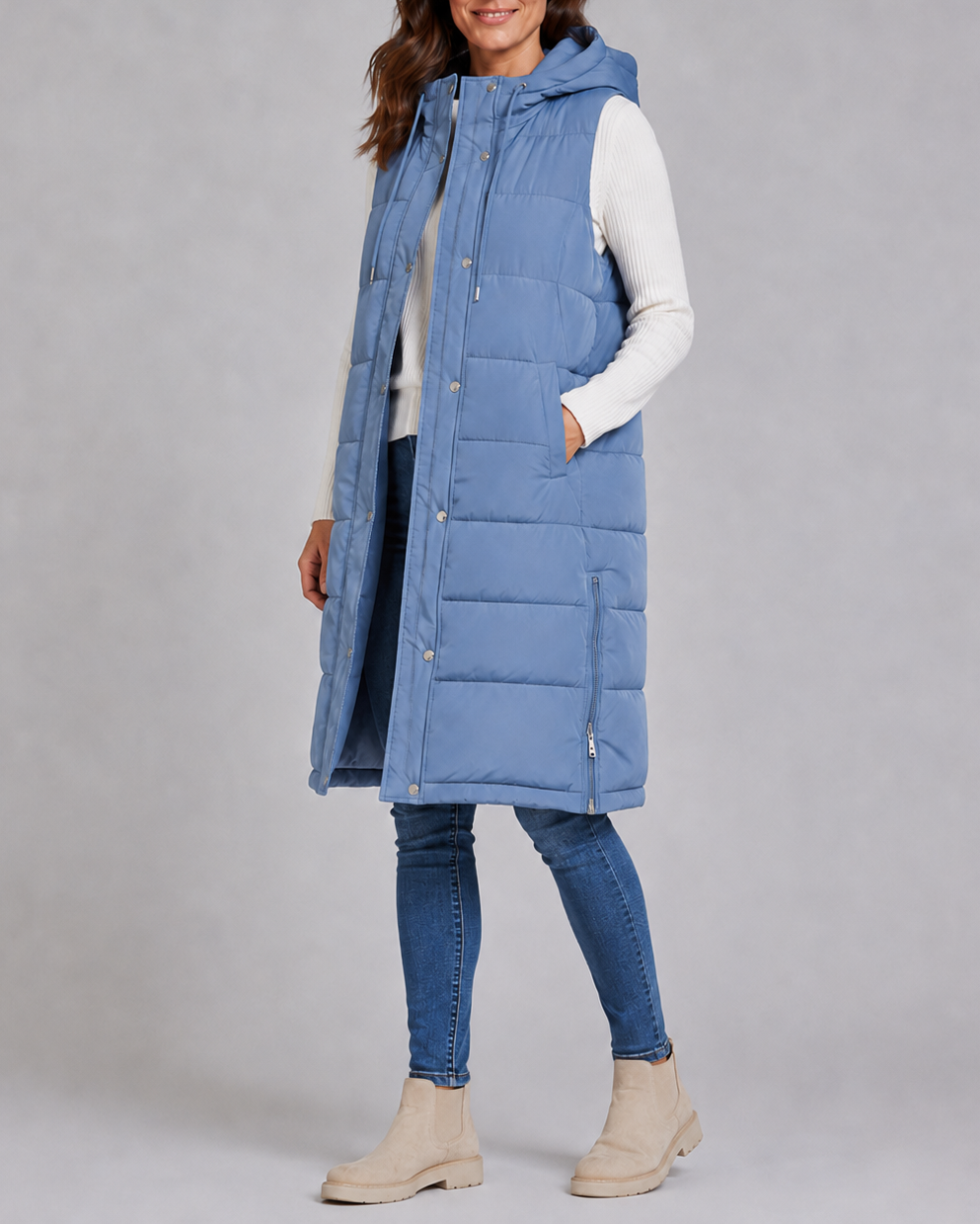 Women's Longline Hooded Quilted Puffer Gilet with High Collar