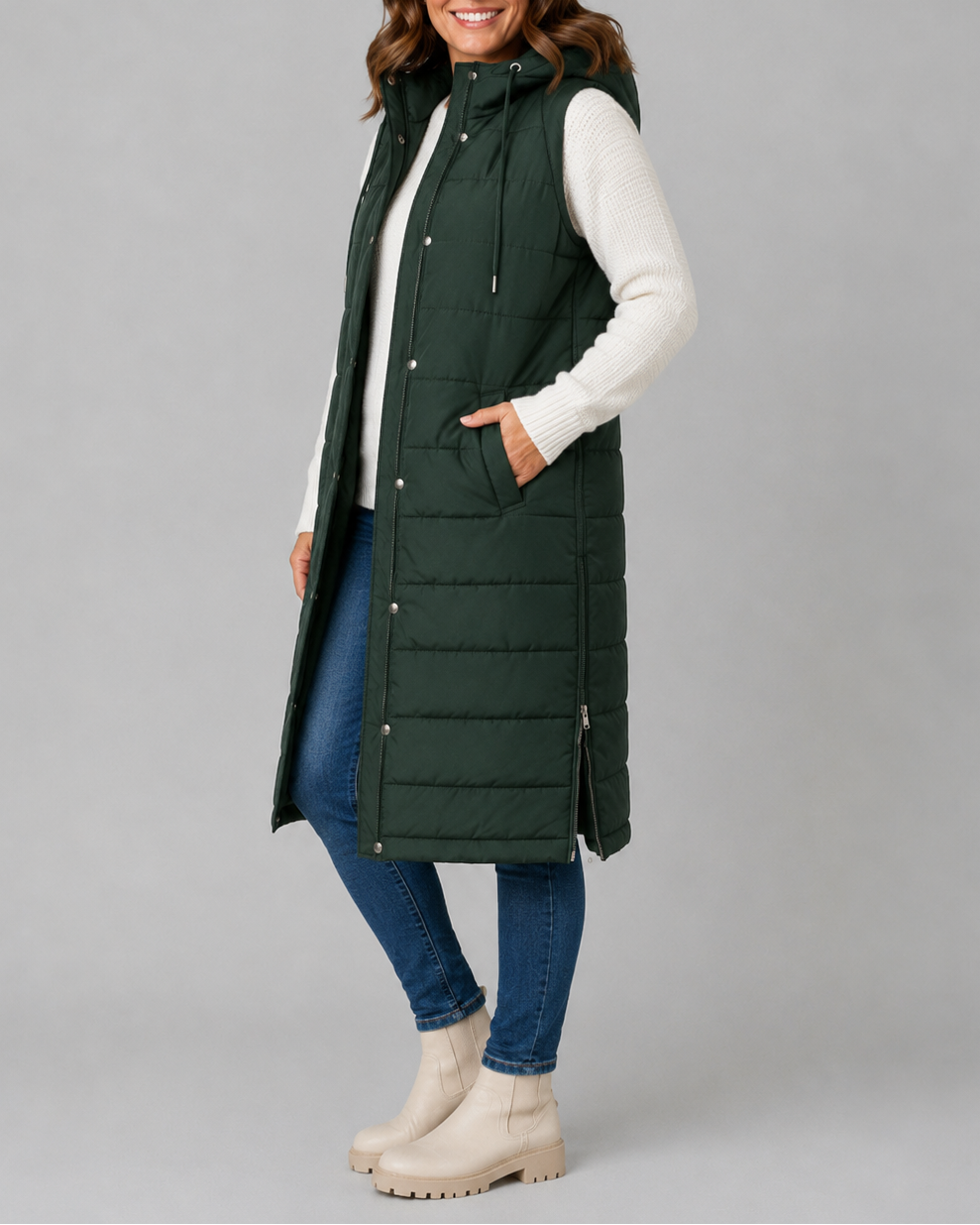 Women's Longline Hooded Quilted Puffer Gilet with High Collar