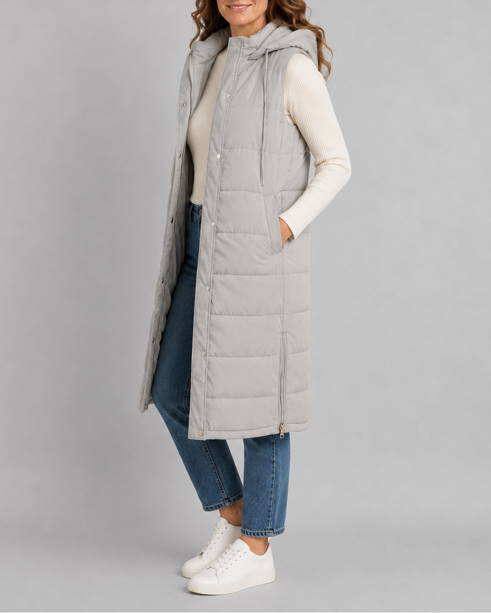 Women's Longline Hooded Quilted Puffer Gilet with High Collar