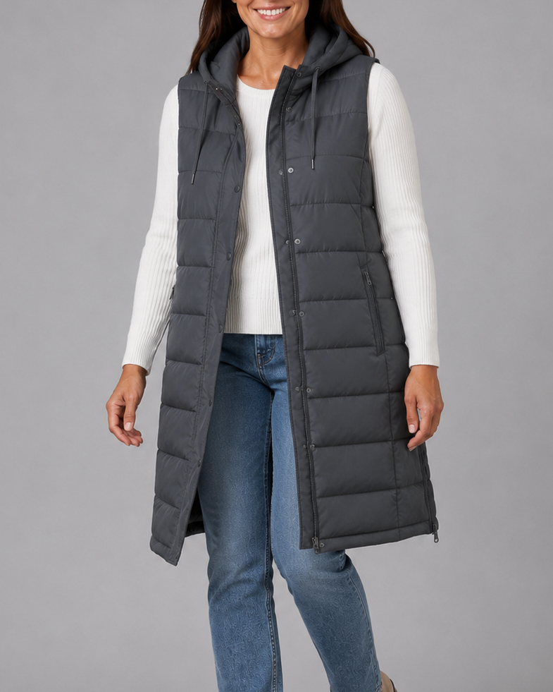 Women's Longline Hooded Quilted Puffer Gilet with High Collar
