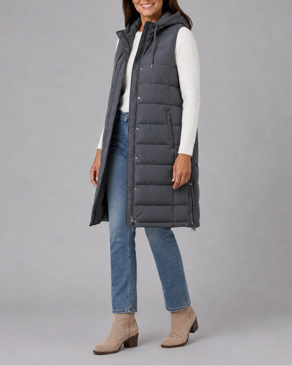 Women's Longline Hooded Quilted Puffer Gilet with High Collar