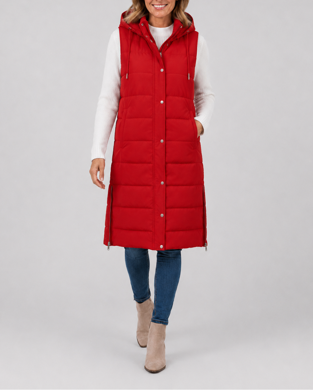 Women's Longline Hooded Quilted Puffer Gilet with High Collar