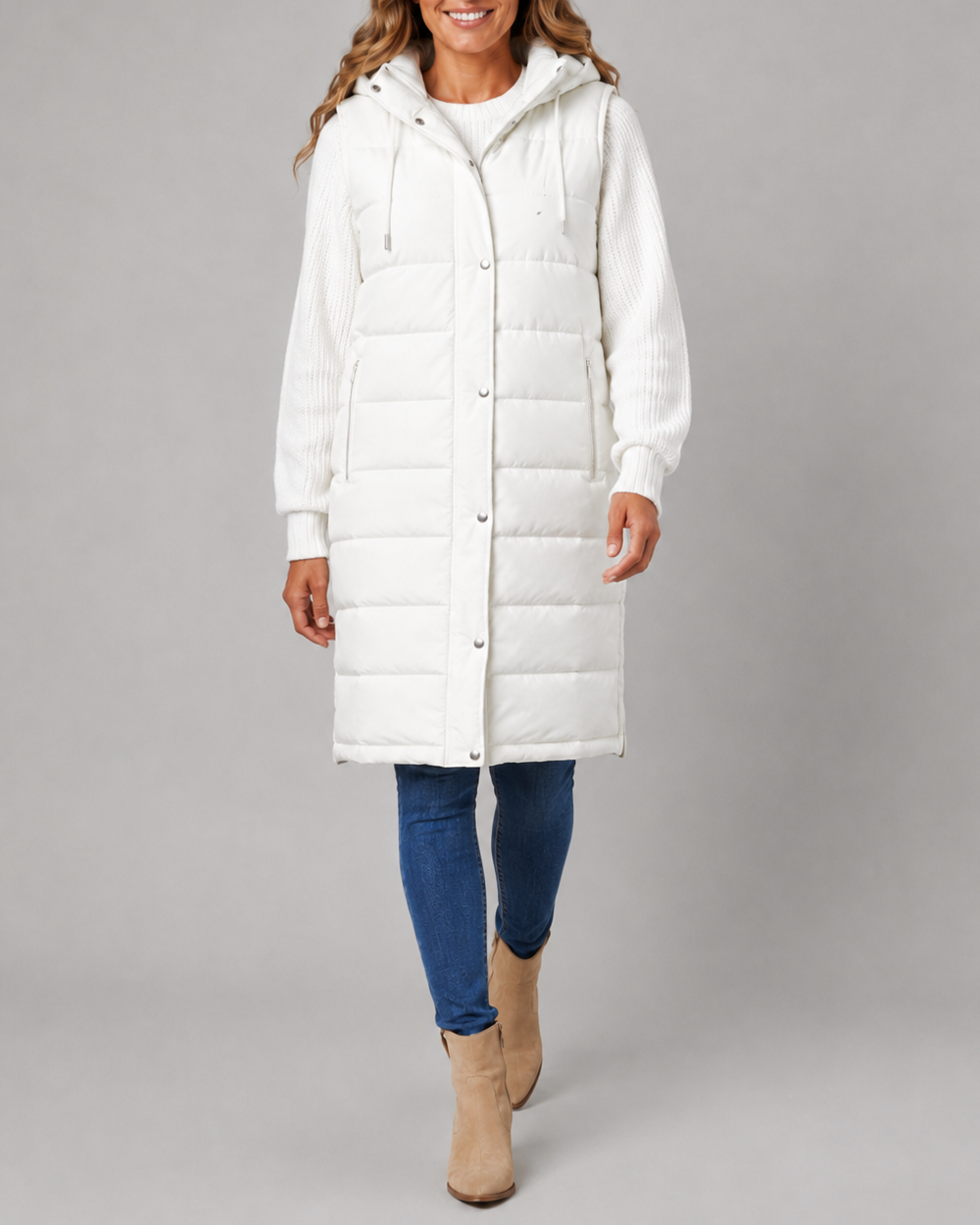 Women's Longline Hooded Quilted Puffer Gilet with High Collar