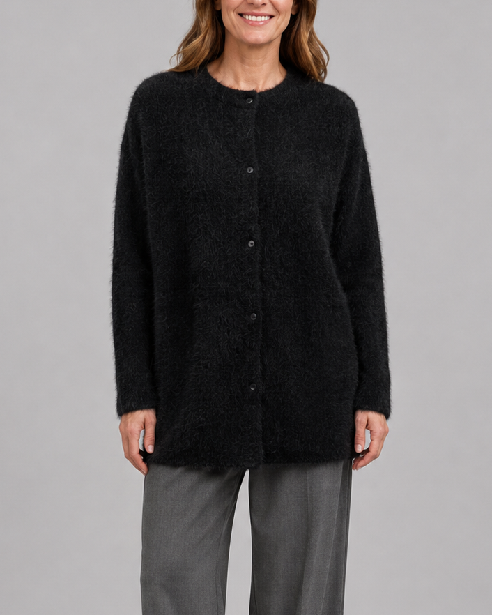 Women's Fluffy Knit Round Neck Button Front Cardigan