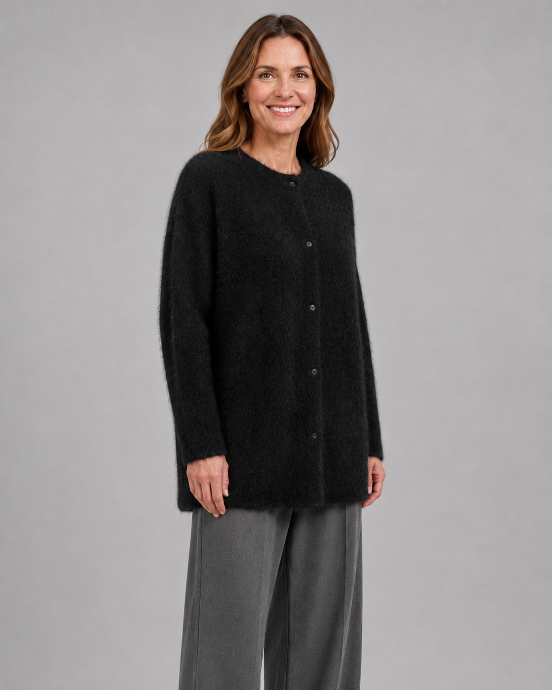 Women's Fluffy Knit Round Neck Button Front Cardigan