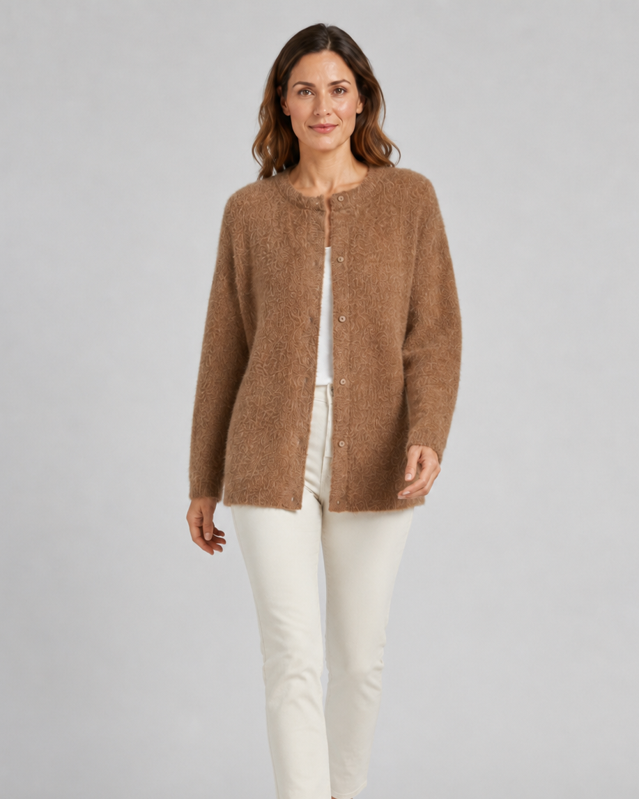 Women's Fluffy Knit Round Neck Button Front Cardigan