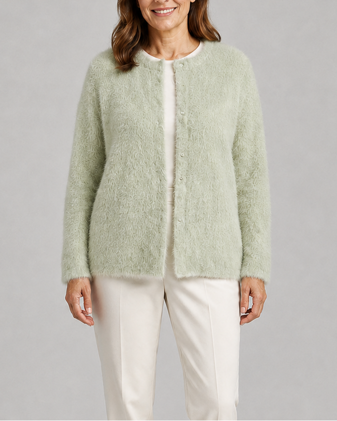 Women's Fluffy Knit Round Neck Button Front Cardigan