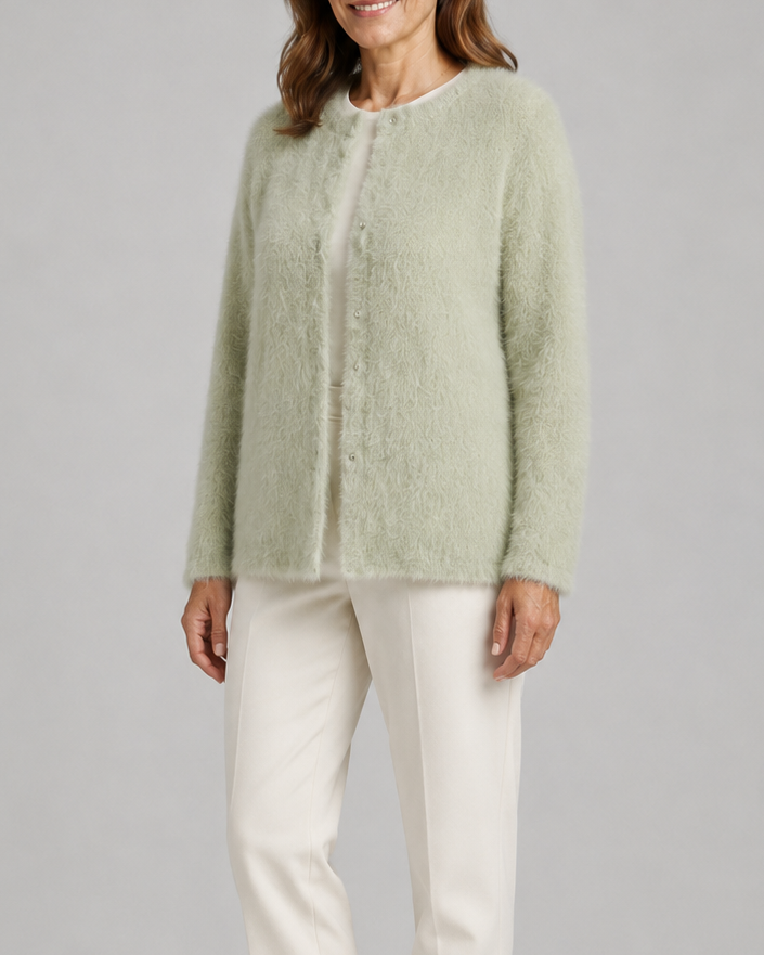 Women's Fluffy Knit Round Neck Button Front Cardigan