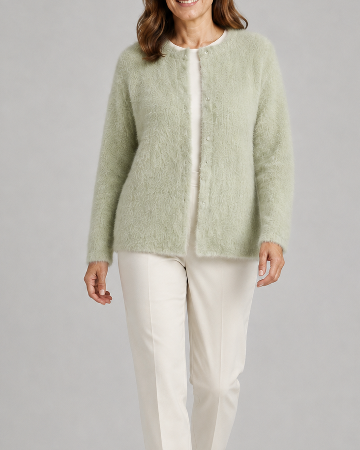 Women's Fluffy Knit Round Neck Button Front Cardigan