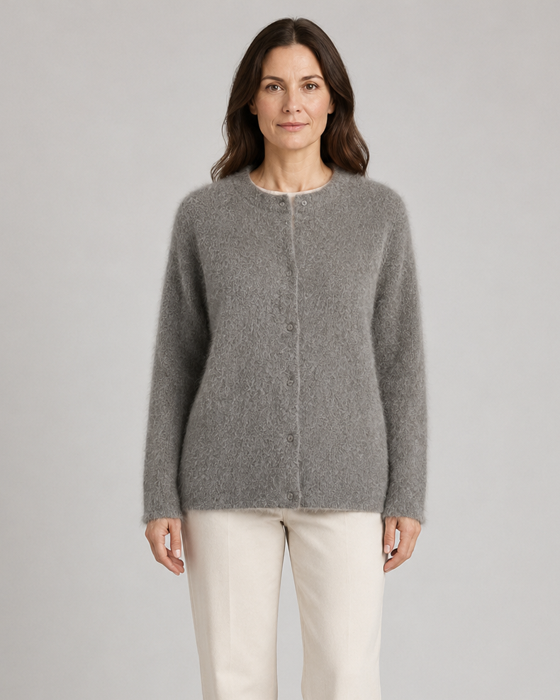 Women's Fluffy Knit Round Neck Button Front Cardigan