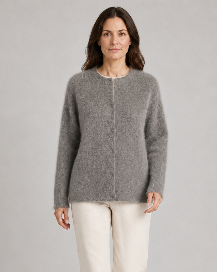 Women's Fluffy Knit Round Neck Button Front Cardigan