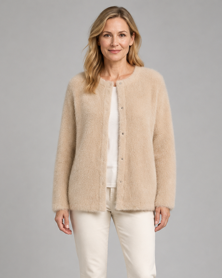 Women's Fluffy Knit Round Neck Button Front Cardigan