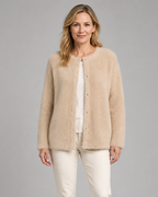 Women's Fluffy Knit Round Neck Button Front Cardigan