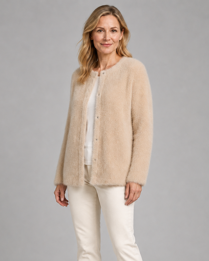 Women's Fluffy Knit Round Neck Button Front Cardigan