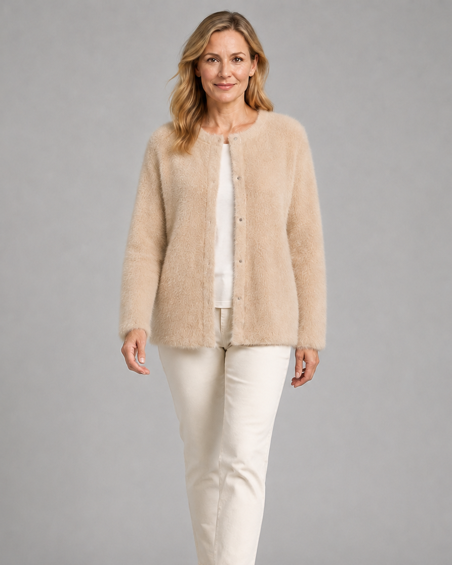 Women's Fluffy Knit Round Neck Button Front Cardigan