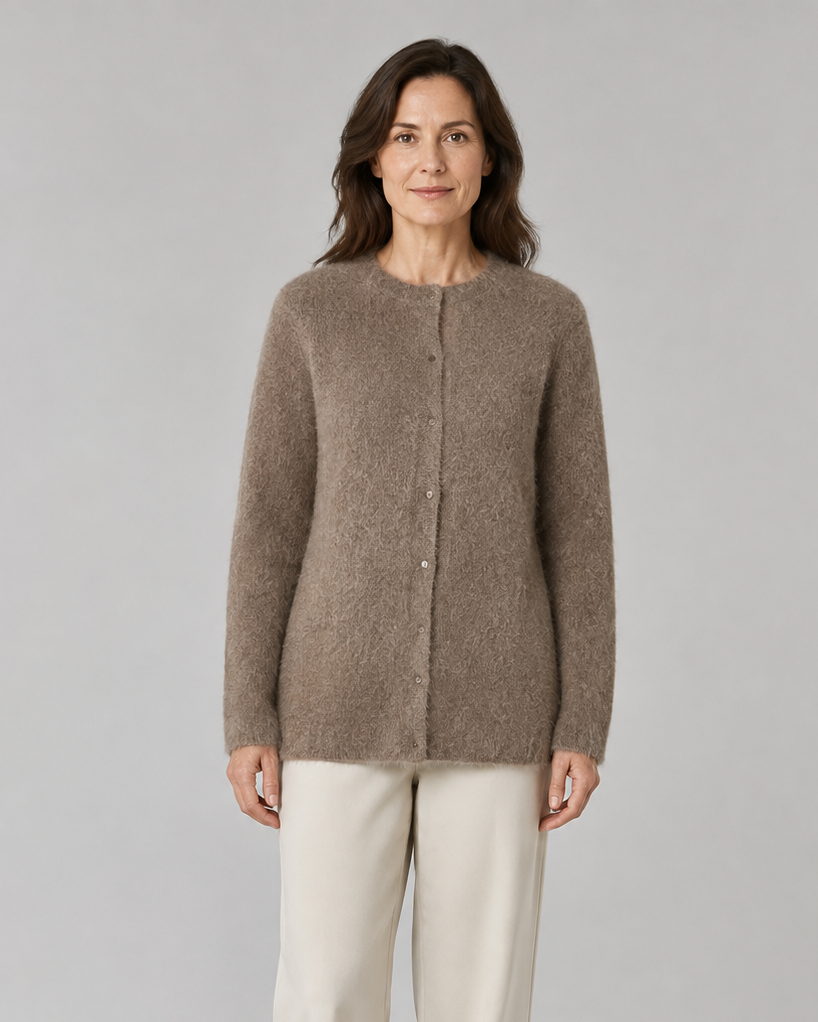 Women's Fluffy Knit Round Neck Button Front Cardigan
