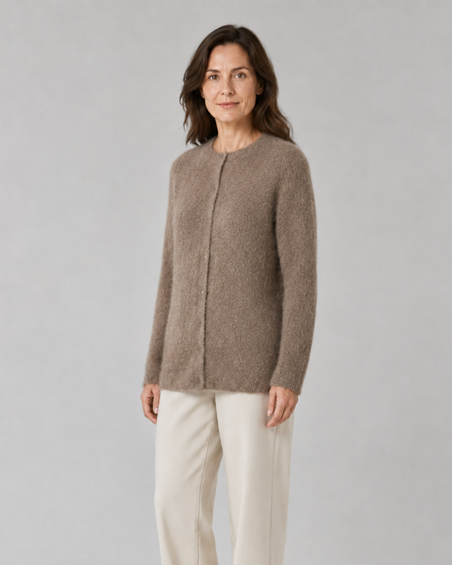 Women's Fluffy Knit Round Neck Button Front Cardigan