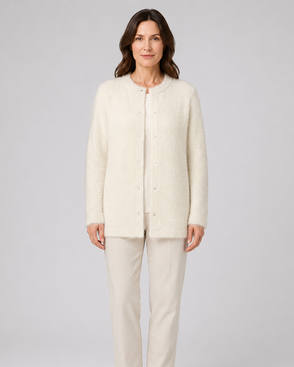 Women's Fluffy Knit Round Neck Button Front Cardigan
