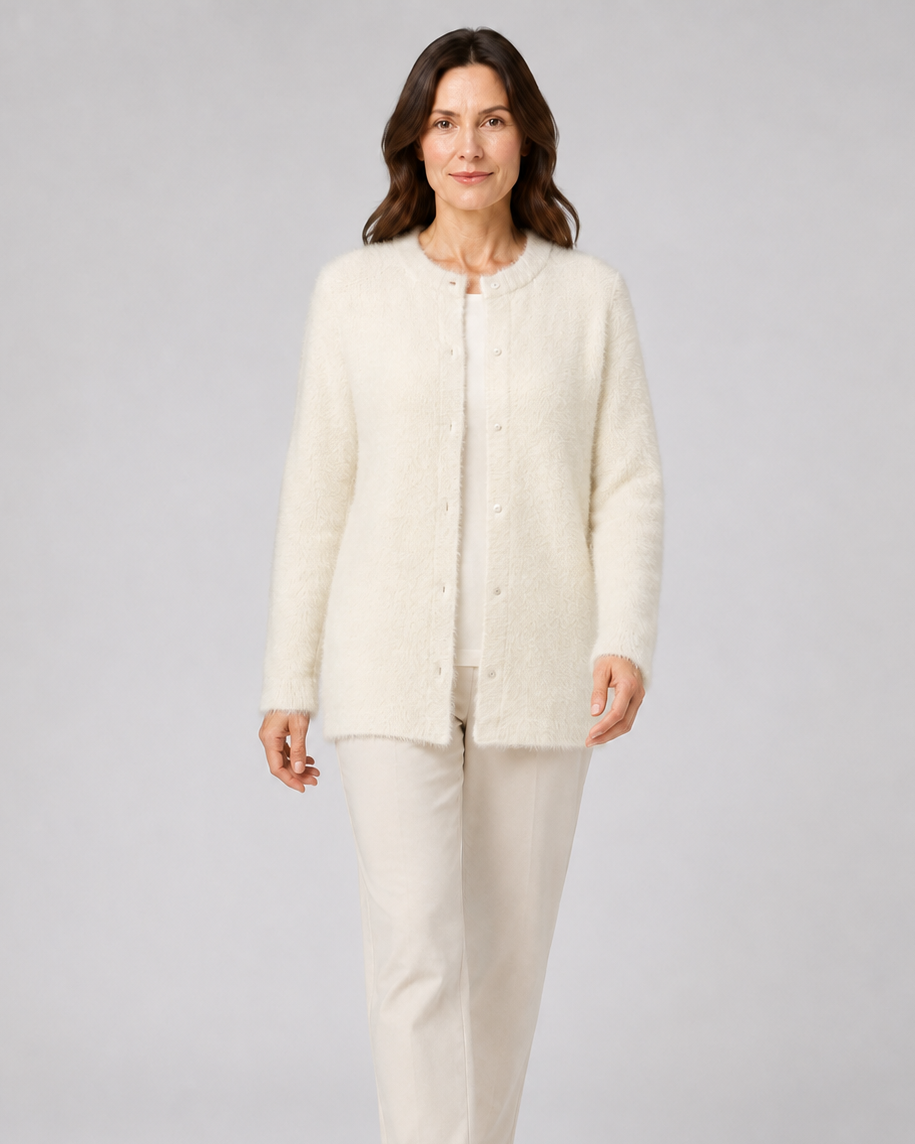 Women's Fluffy Knit Round Neck Button Front Cardigan