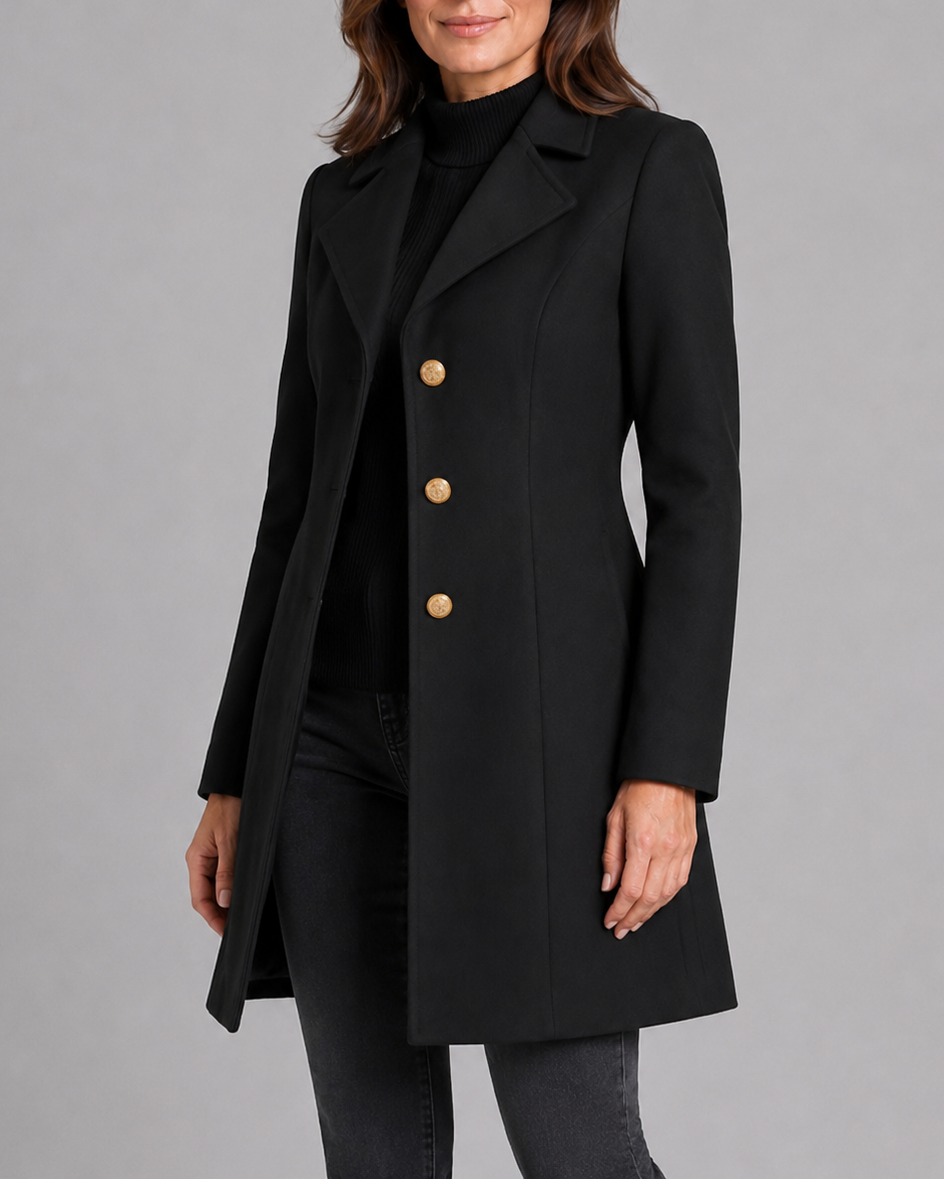 Women's Single Breasted Coat with Notch Lapels and Button Front