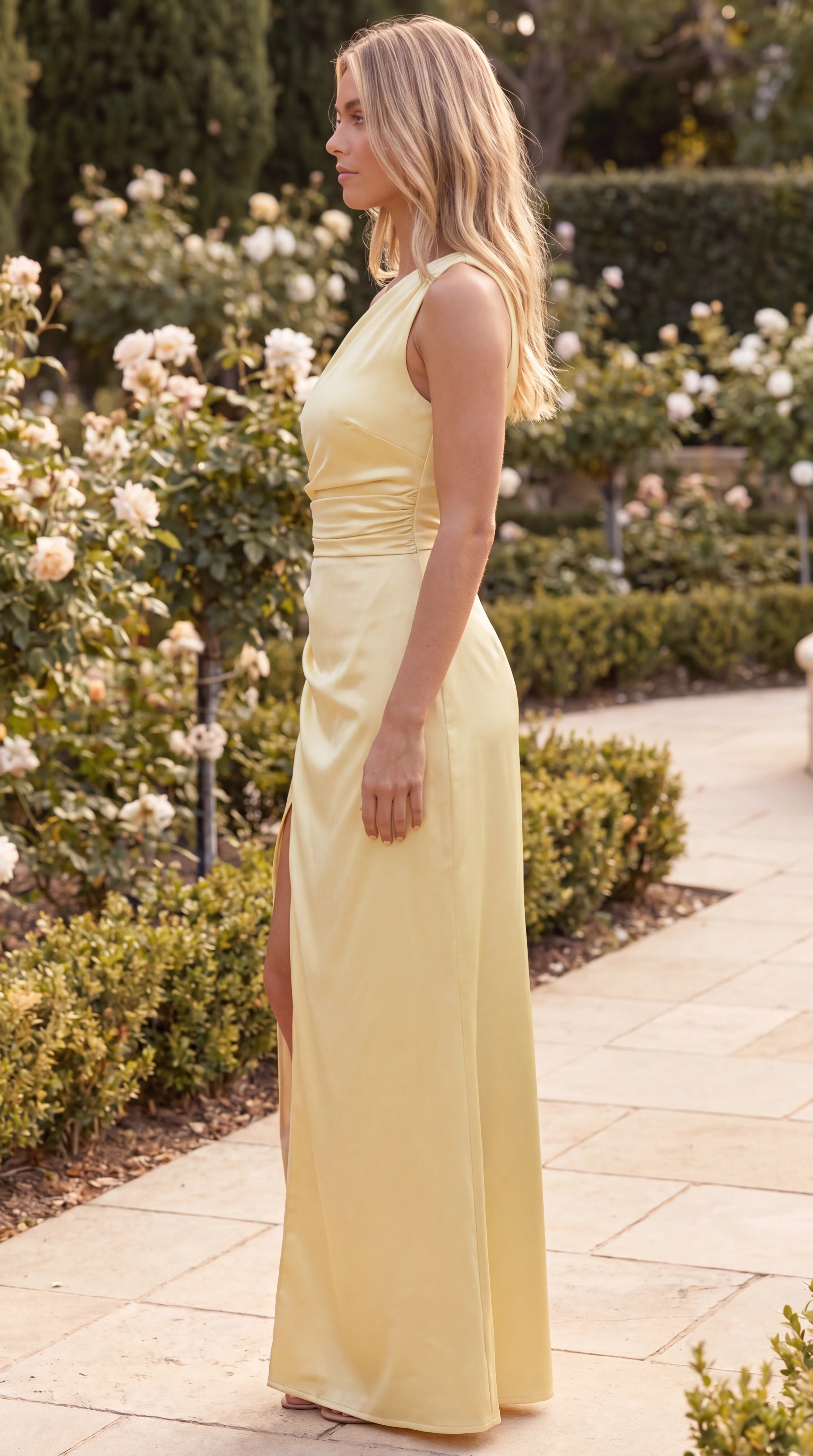 Women's Yellow Draped Asymmetric Side Slit Maxi Dress