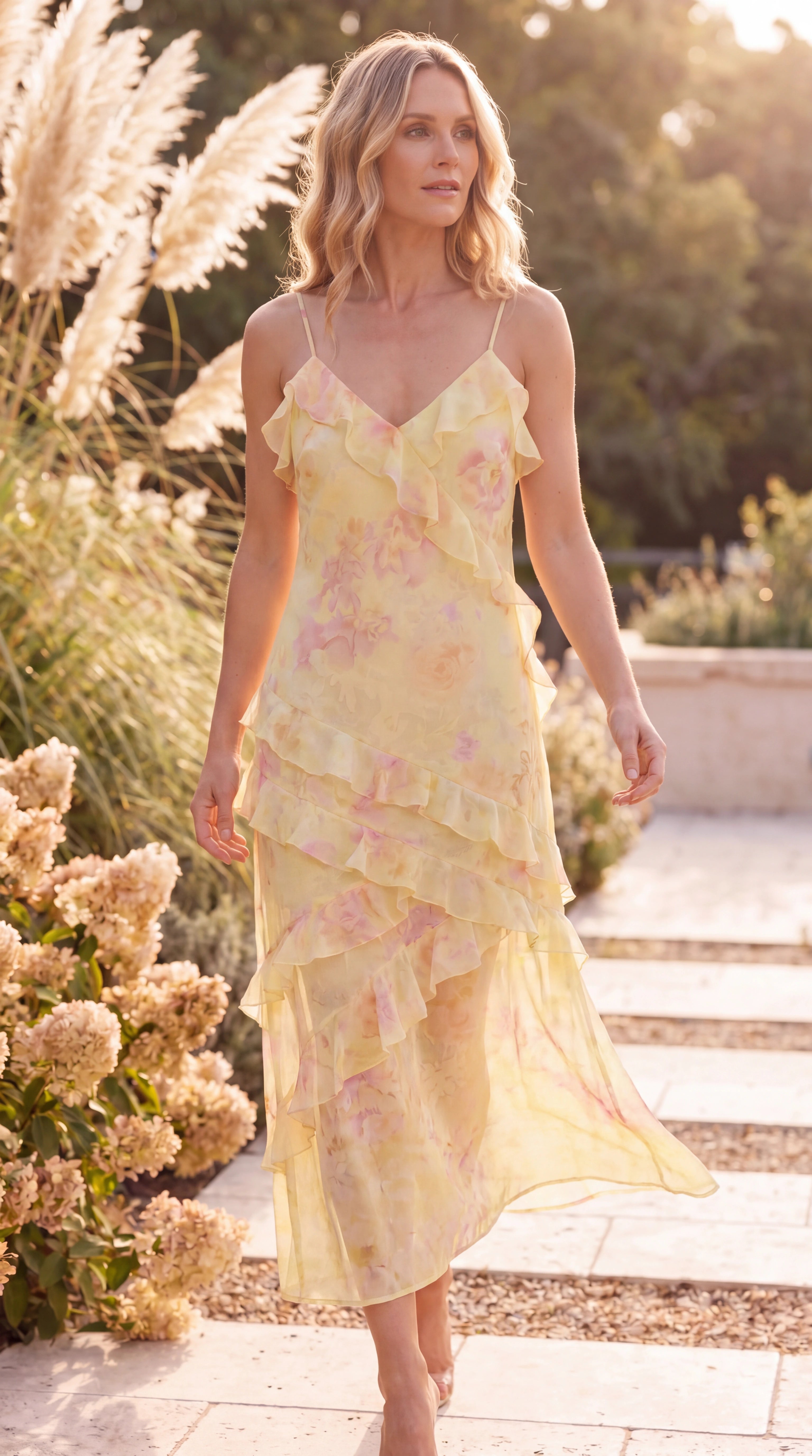 Women's Floral Ruffle Open Back Maxi Dress