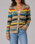 Women's Colourful Striped V Neck Button Up Knit Cardigan