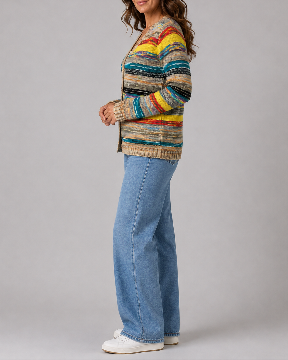 Women's Colourful Striped V Neck Button Up Knit Cardigan