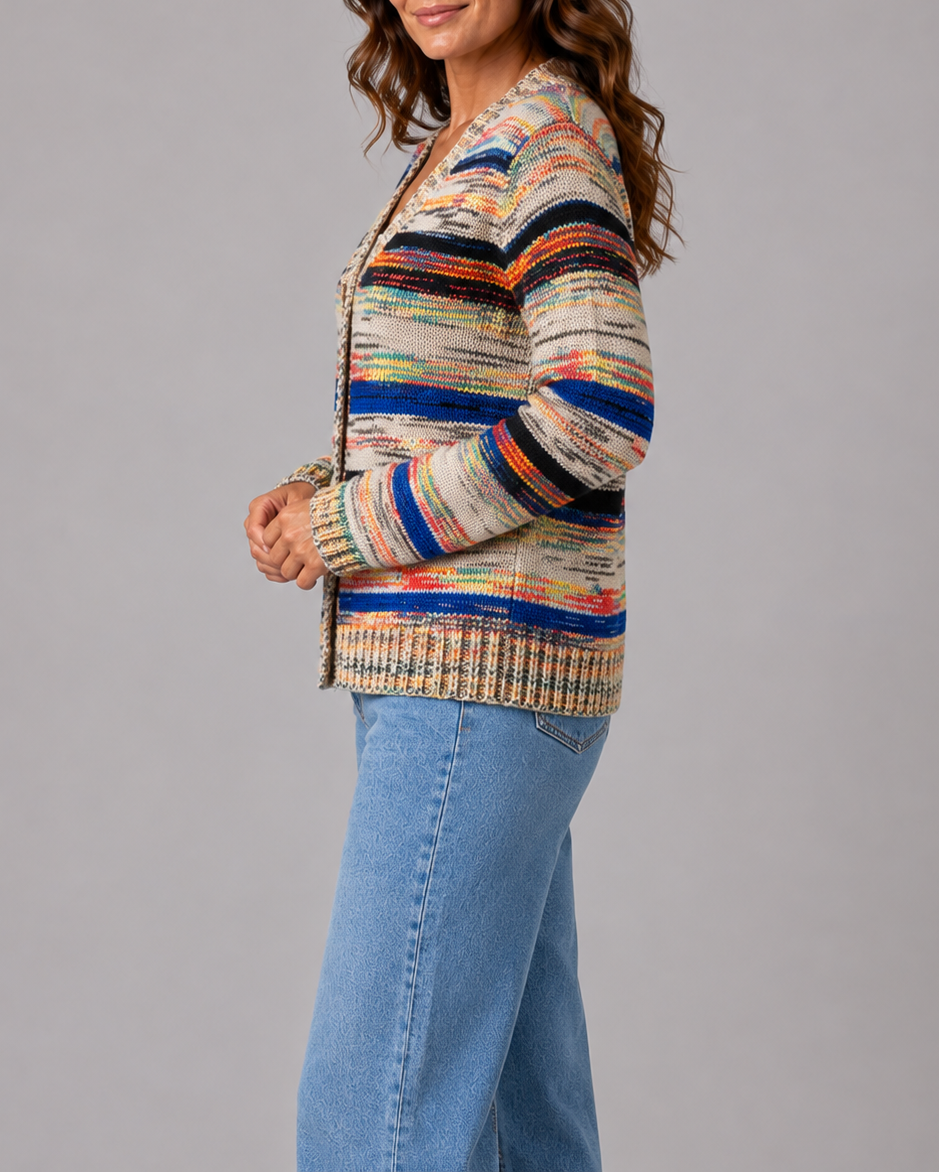 Women's Colourful Striped V Neck Button Up Knit Cardigan