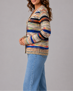 Women's Colourful Striped V Neck Button Up Knit Cardigan