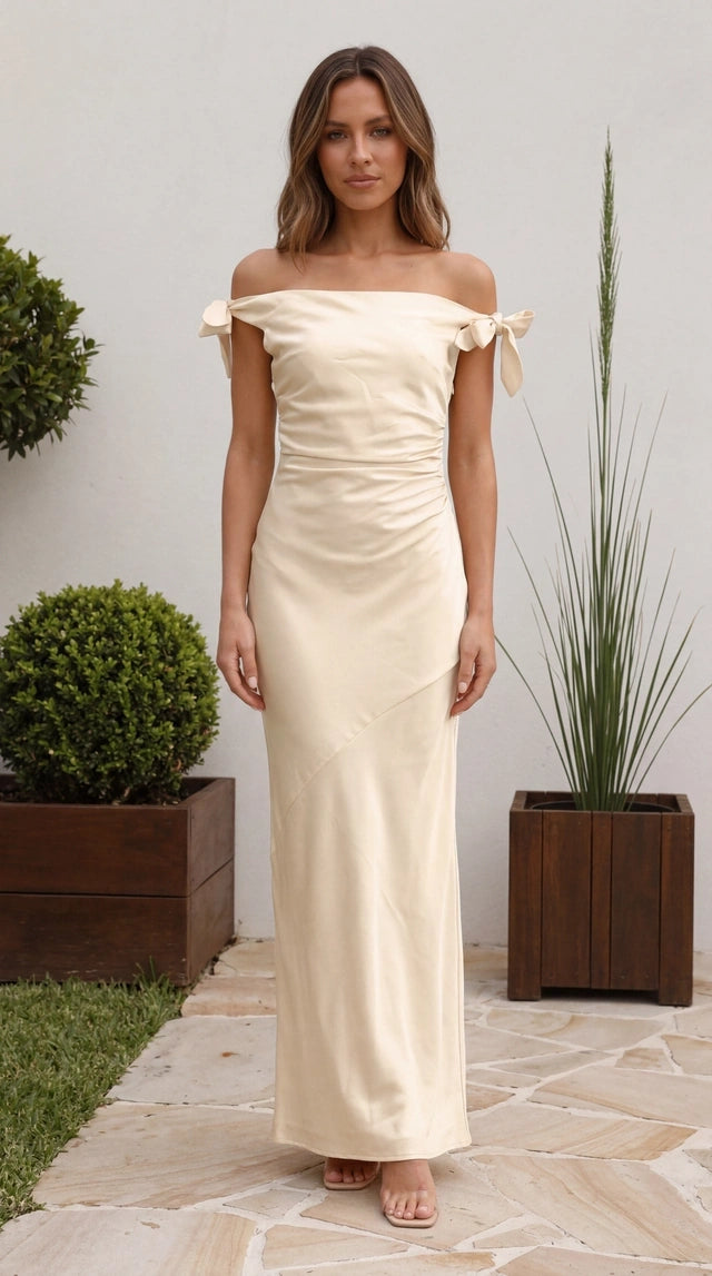 Women’s Off Shoulder Bow Detail Ruched Maxi Dress