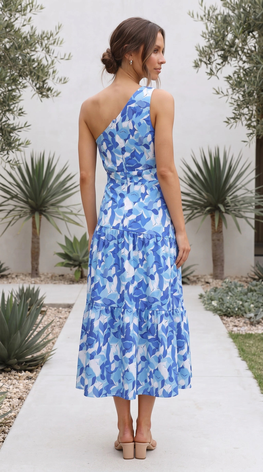 Women's One Shoulder Floral Print Tiered Midi Dress