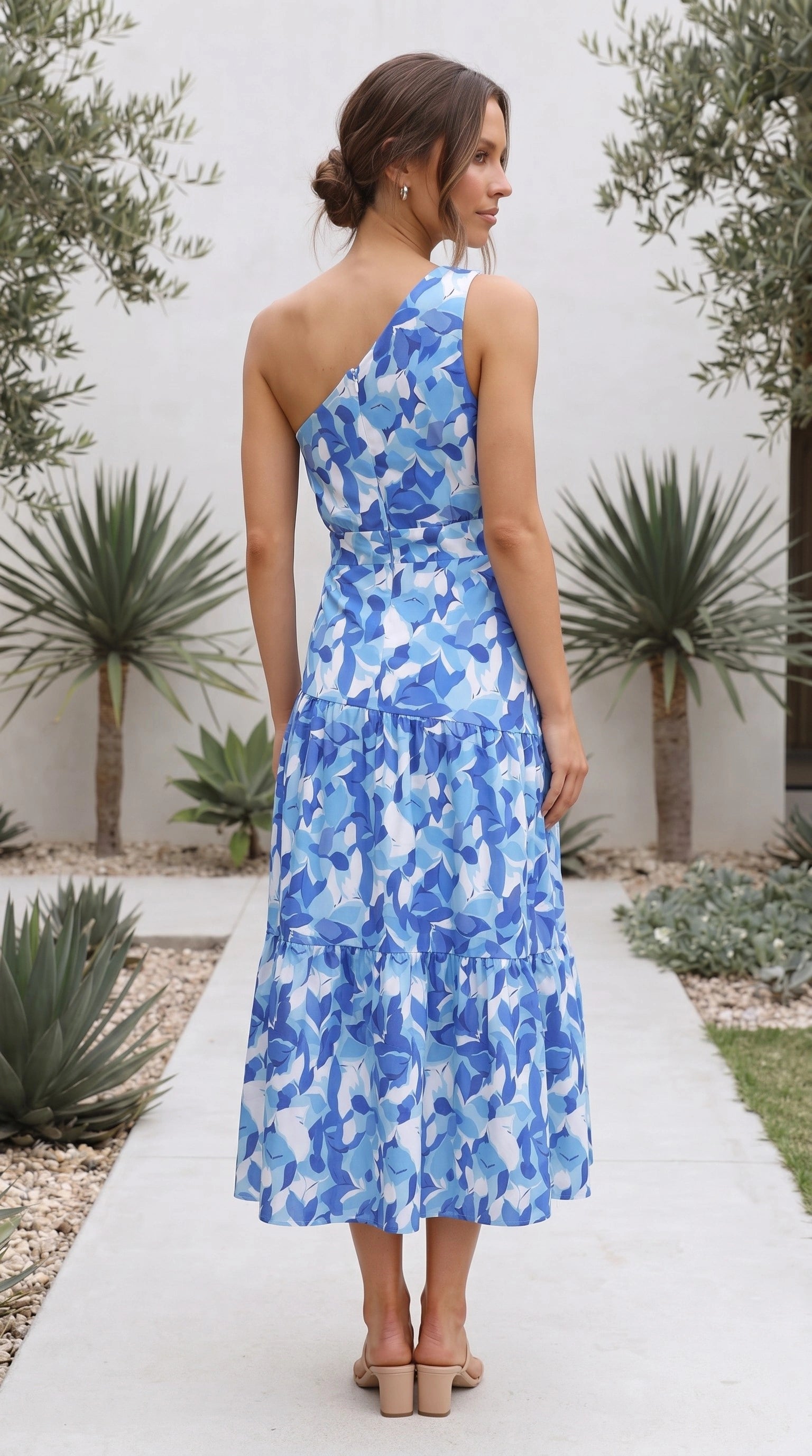 Women's One Shoulder Floral Print Tiered Midi Dress