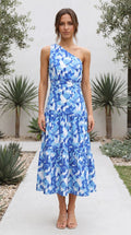 Women's One Shoulder Floral Print Tiered Midi Dress