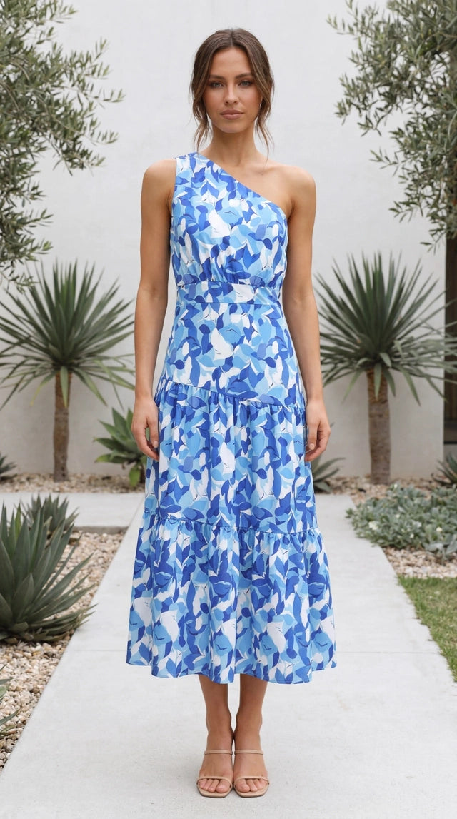 Women's One Shoulder Floral Print Tiered Midi Dress