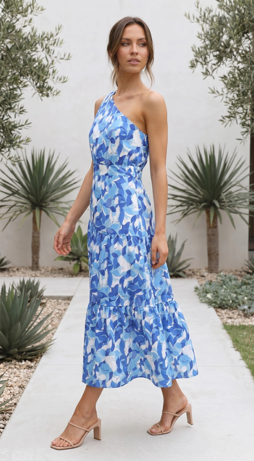 Women's One Shoulder Floral Print Tiered Midi Dress