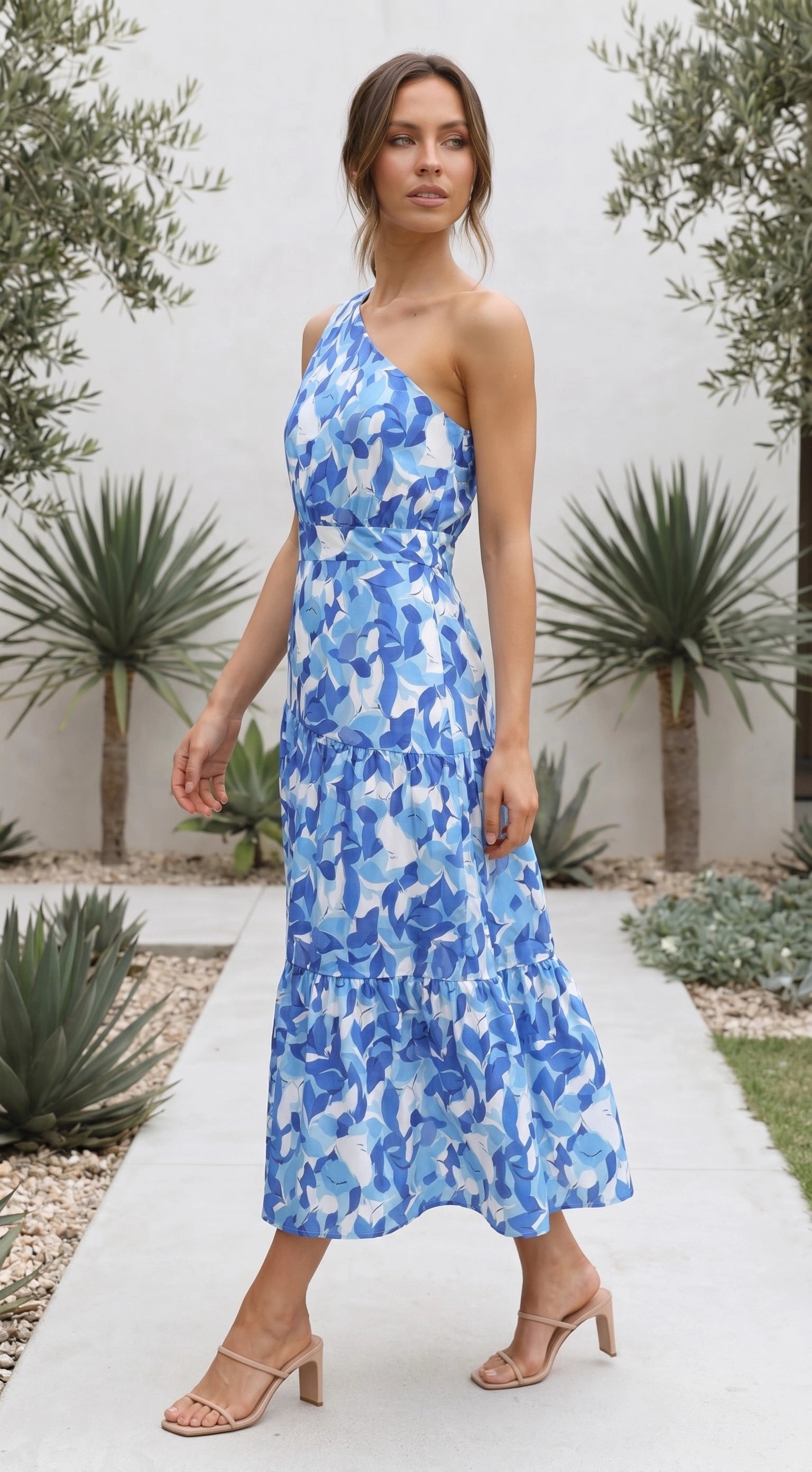 Women's One Shoulder Floral Print Tiered Midi Dress