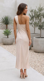 Women’s One Shoulder Draped Satin Midi Dress