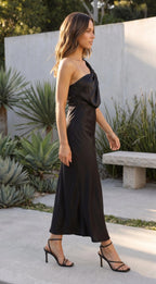 Women’s One Shoulder Draped Satin Midi Dress