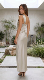 Women’s One Shoulder Draped Satin Midi Dress