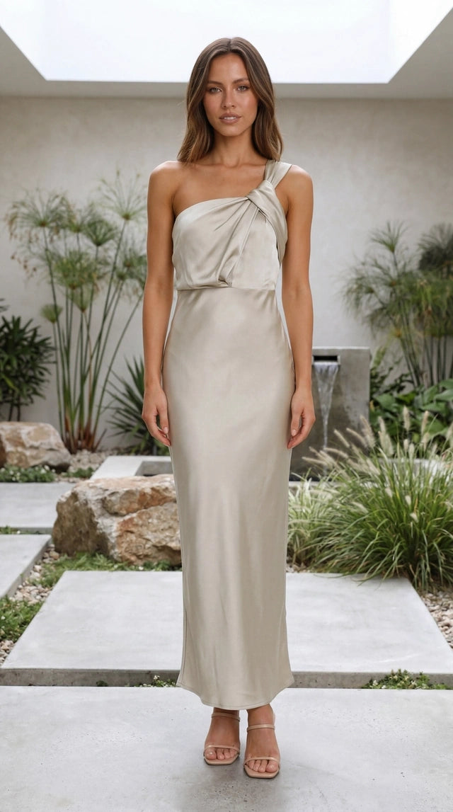 Women’s One Shoulder Draped Satin Midi Dress