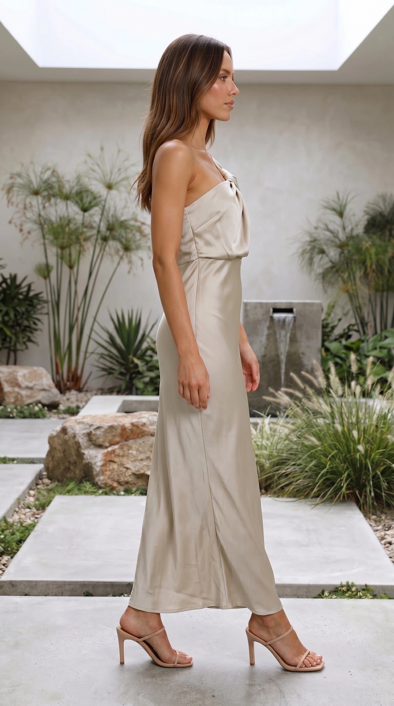 Women’s One Shoulder Draped Satin Midi Dress