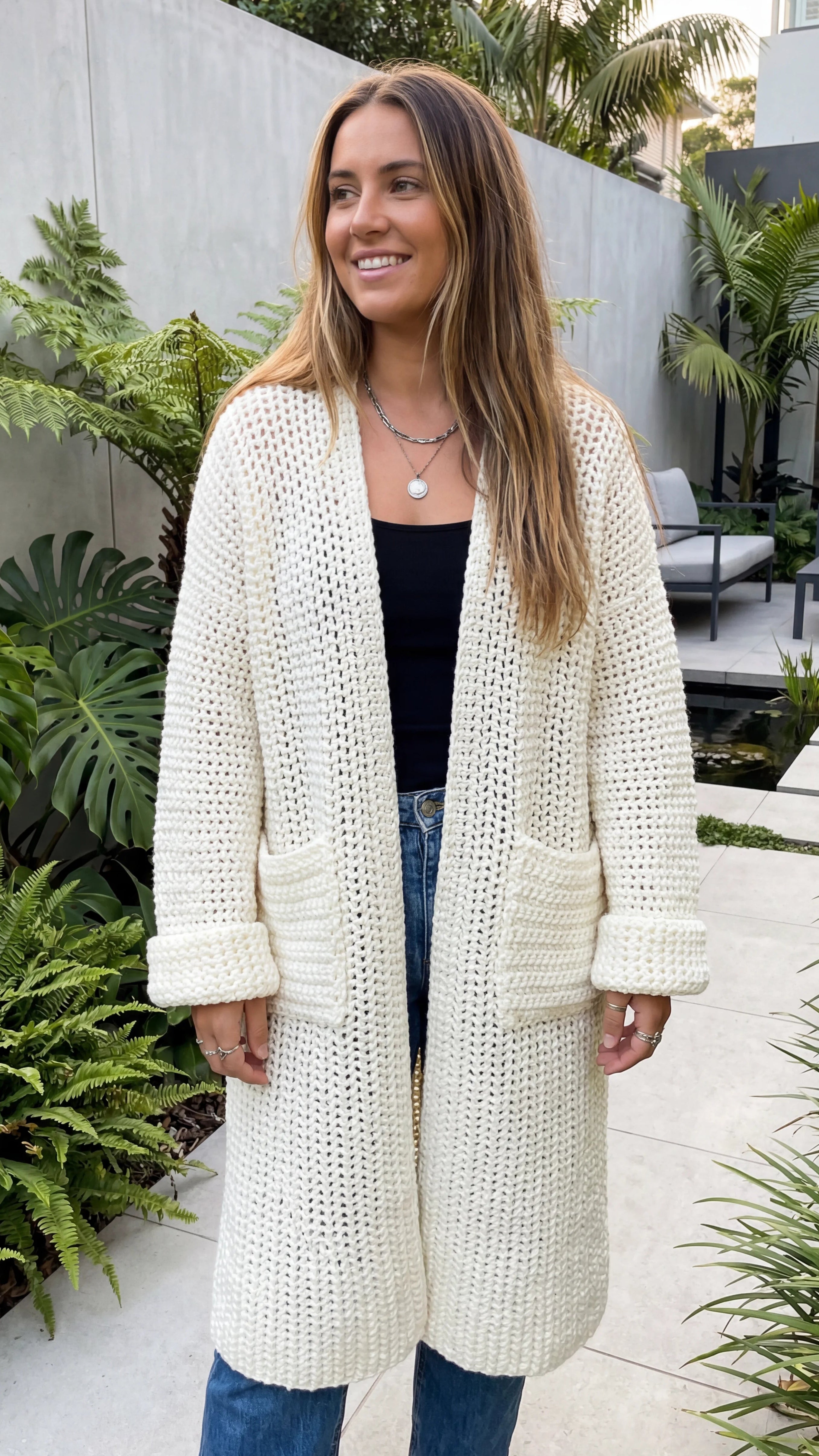 Women's Open Front Knit Long Cardigan With Pockets