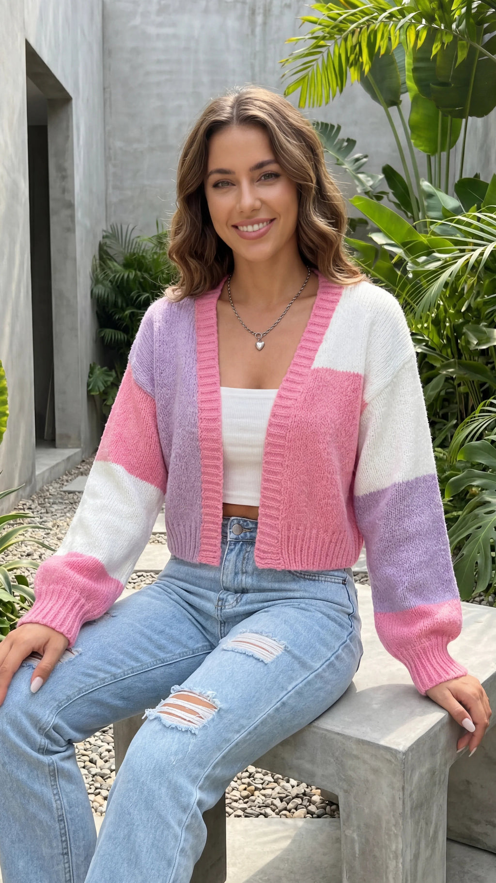 Women's Open Front Colour Block Knit Cropped Cardigan