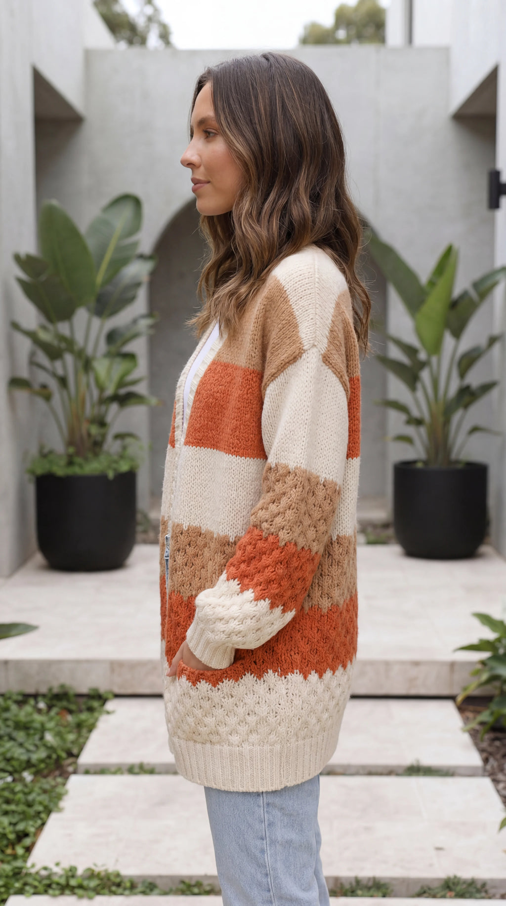 Women's Open Front Colour Block Oversized Cardigan with Pockets