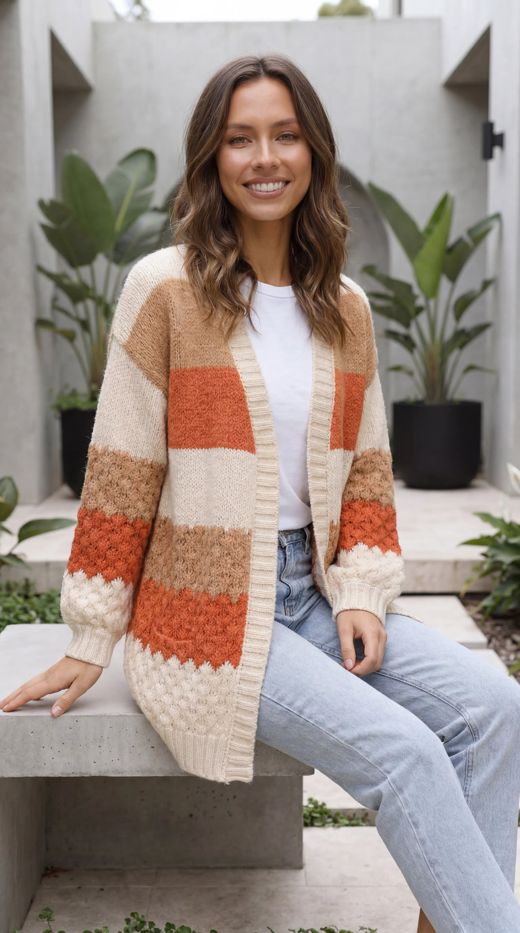 Women's Open Front Colour Block Oversized Cardigan with Pockets